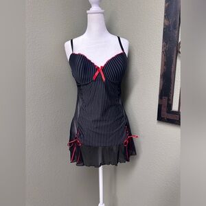 Dream girl black pinstripe lingerie with red lace up & padded bra